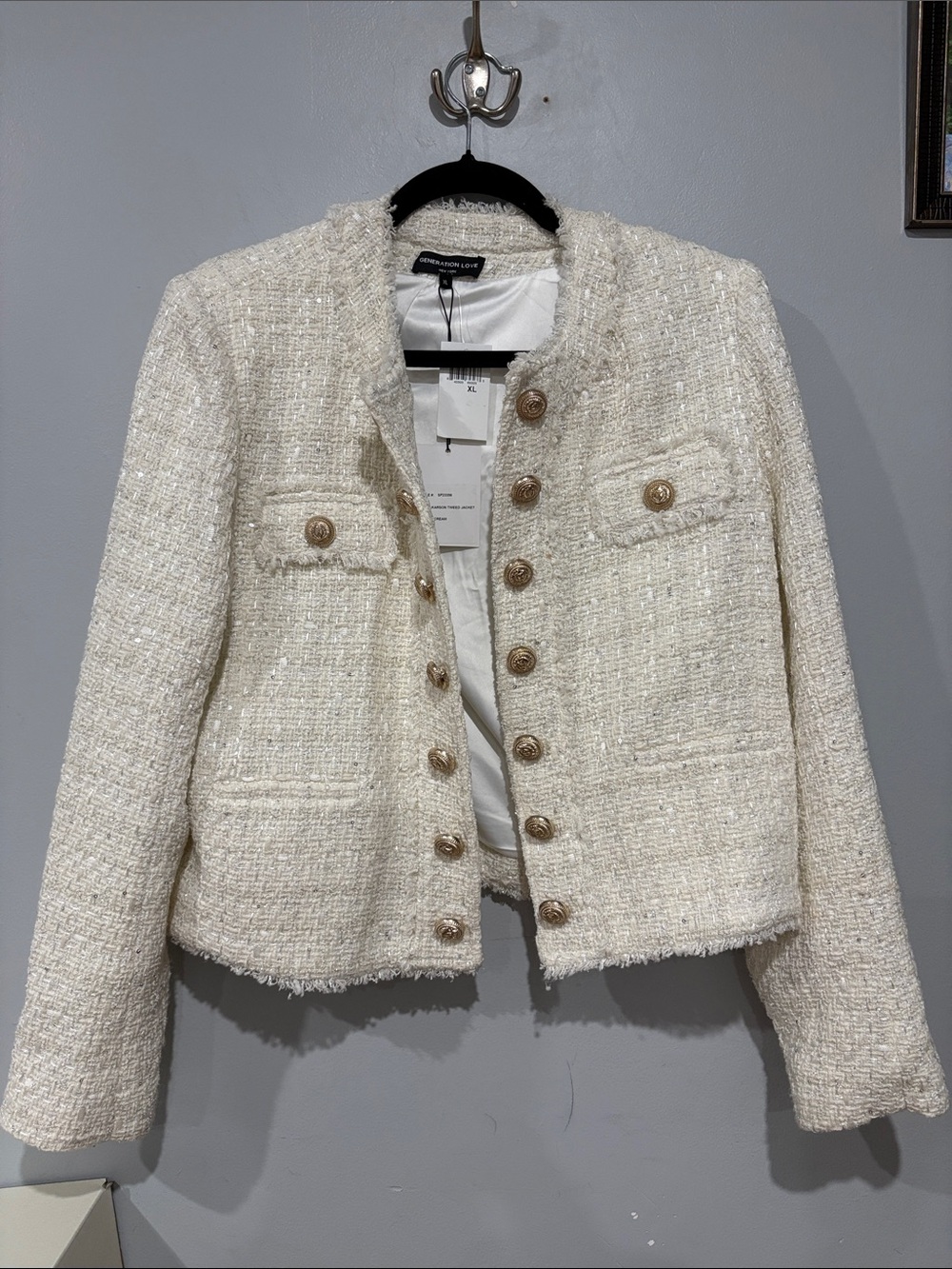 Generation Love Ivory Bouclé Tweed Jacket with Gold Buttons